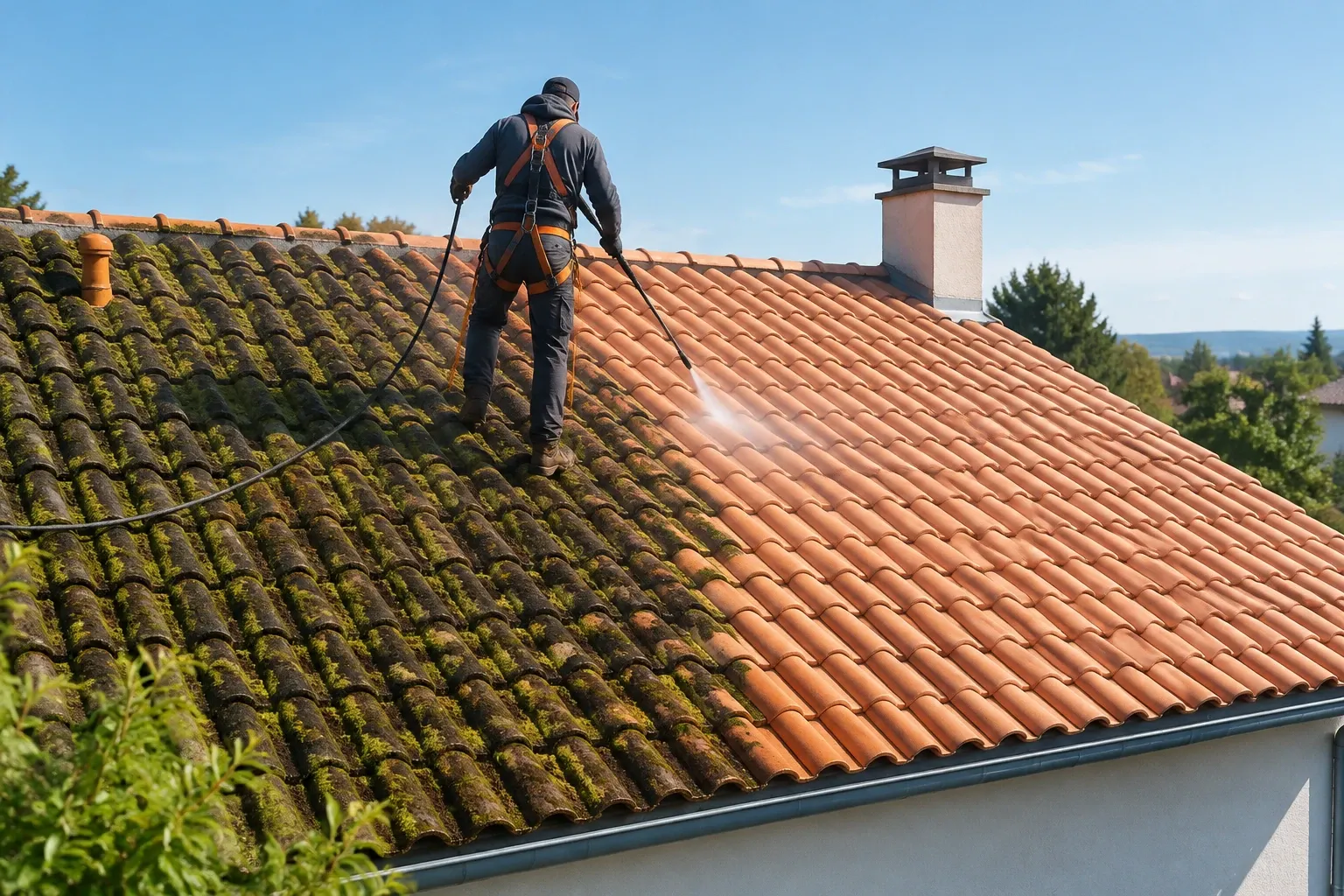 Professionnel en harnais nettoyant une toiture de tuiles, moitié propre, moitié couverte de mousse