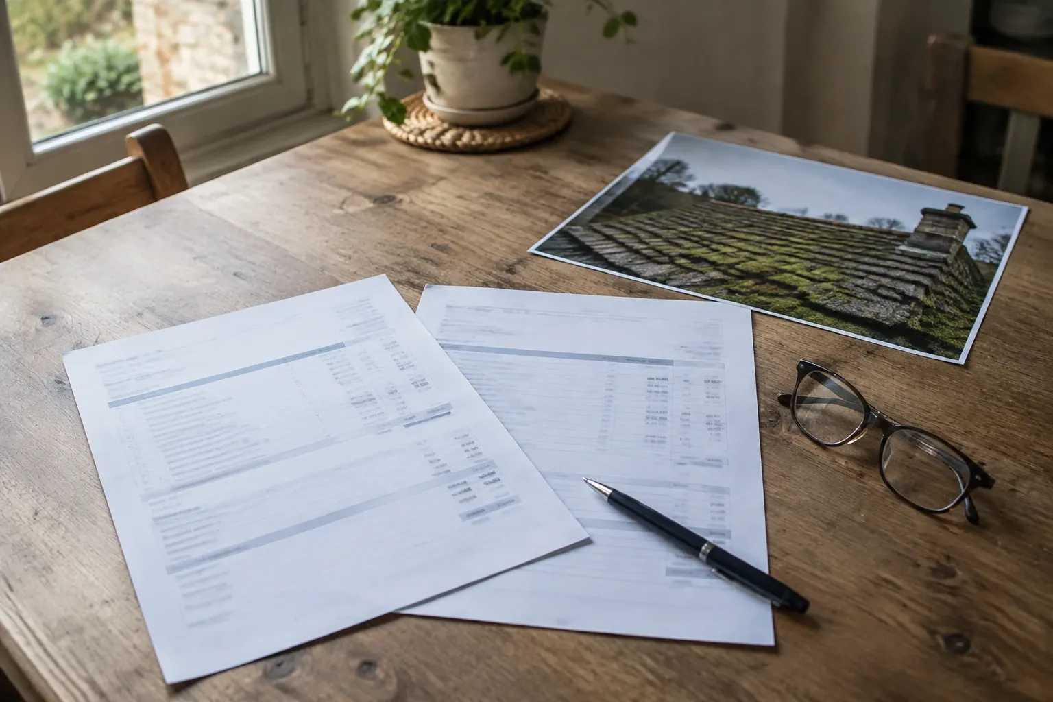 Documents de devis étalés sur table en bois, stylo, lunettes et photo d'un toit démoussé