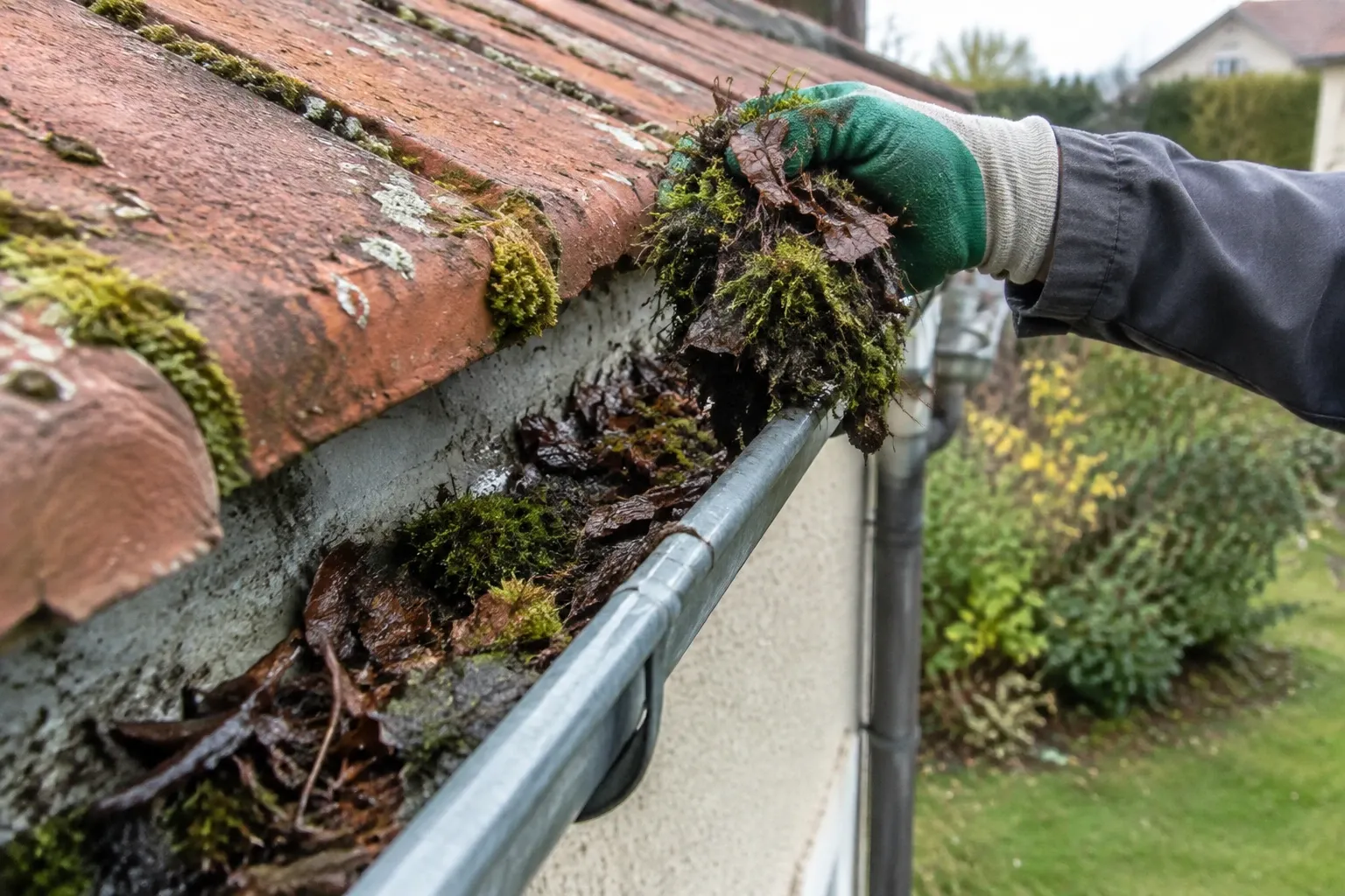 Main gantée retirant mousse et feuilles basses d'une gouttière métallique remplie