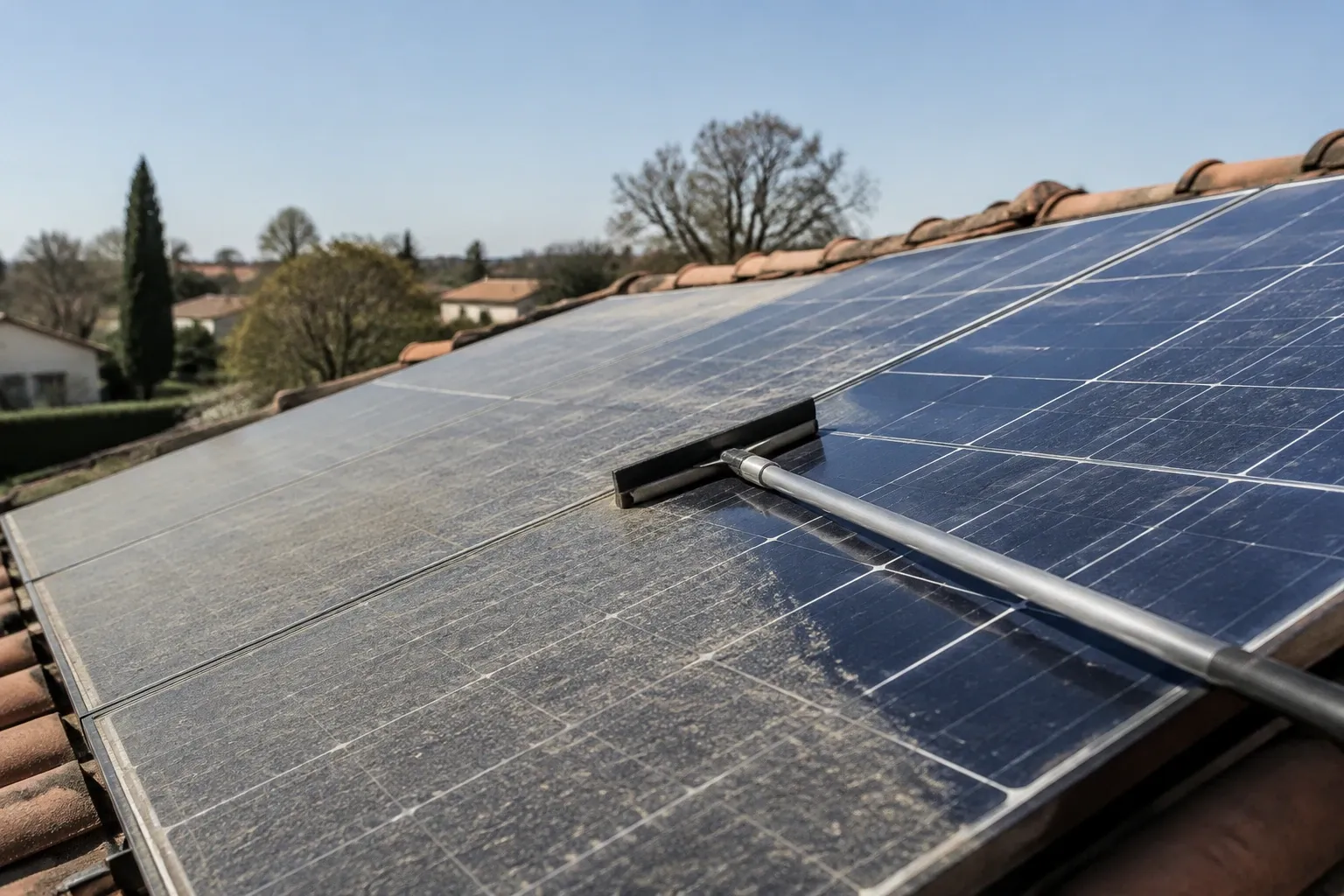 Racleur en train de nettoyer un panneau solaire poussiéreux sur un toit ensoleillé