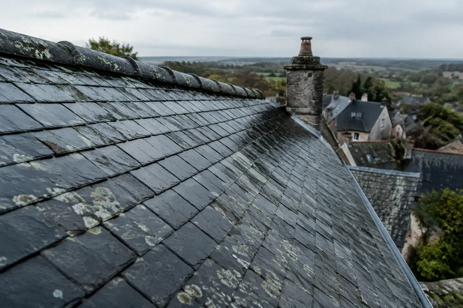 Toit en ardoise couvert de lichen et mousse, cheminée en pierre visible à l'arrière