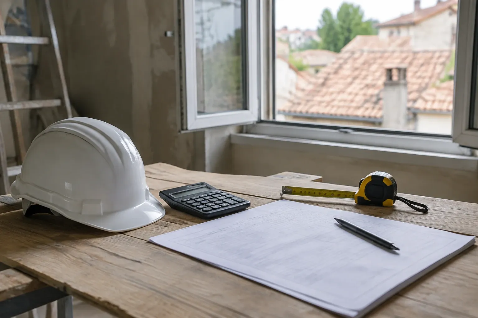 Casque de chantier, mètre, calculatrice et plans sur table devant fenêtre ouverte