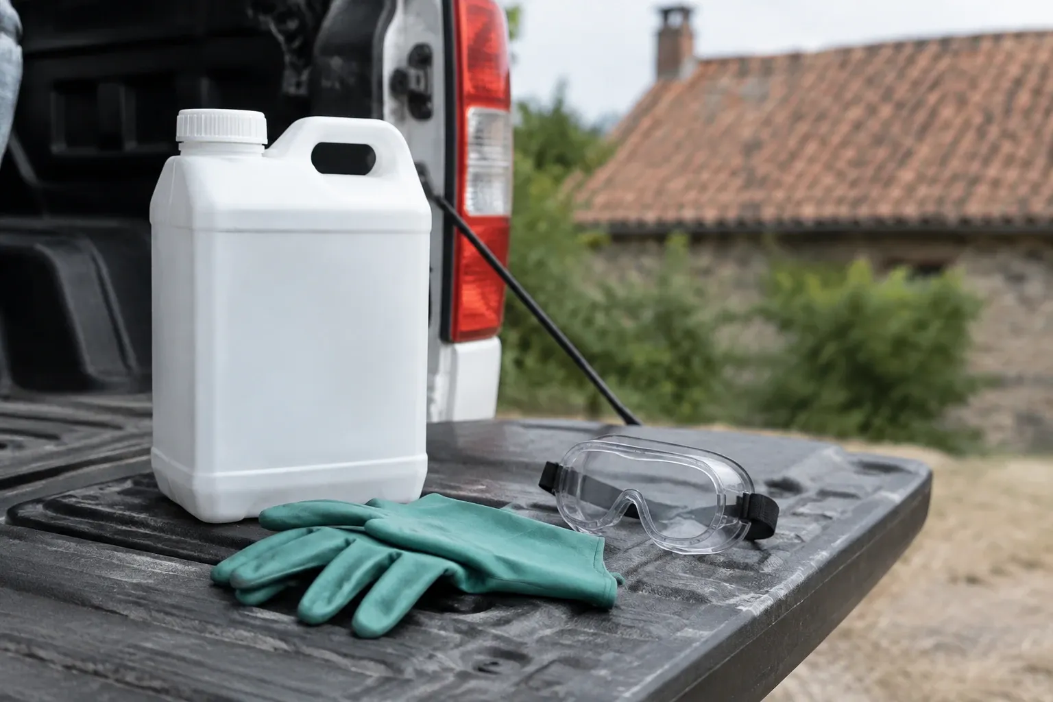 Bidon blanc, gants en caoutchouc verts et lunettes de protection posés sur benne