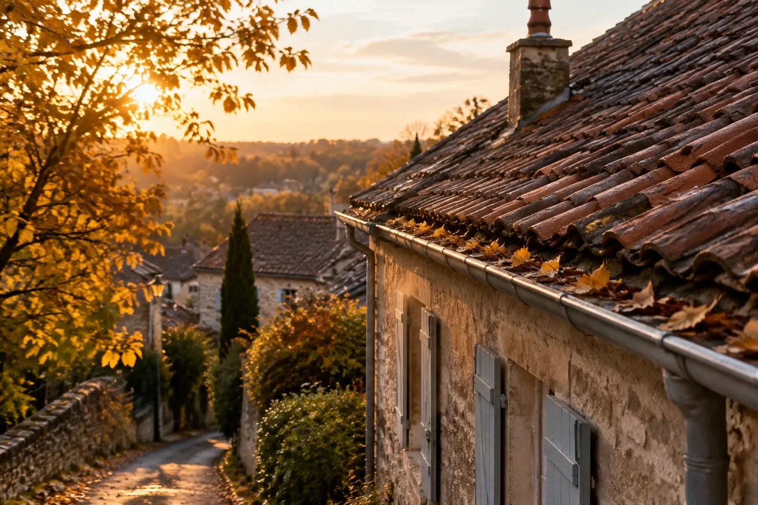 Toit en tuiles couvert de feuilles d'automne, gouttière et village en contrejour au coucher