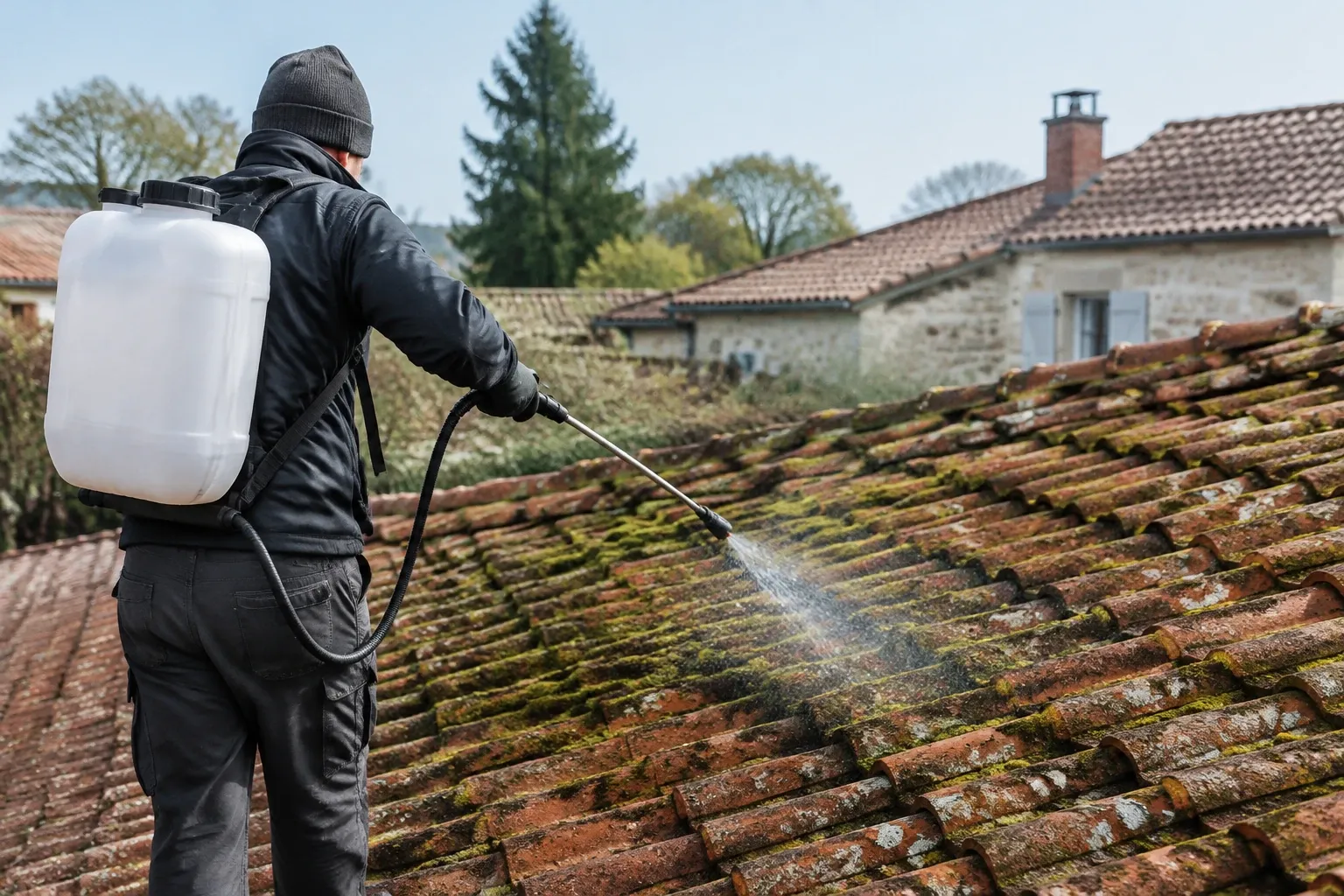 Opérateur pulvérisant un traitement anti-mousse sur toit en tuiles couvert de mousse